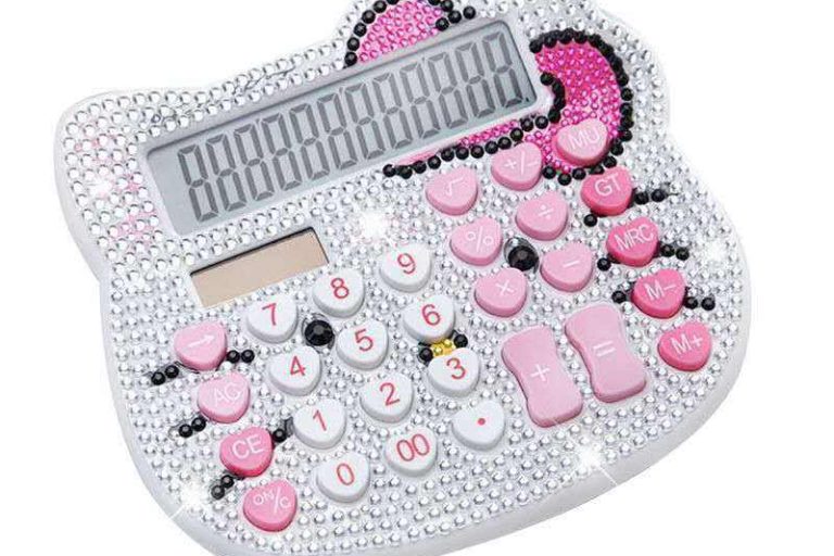 Cat Head Crystal Diamond Solar Calculator – Cartoon Inlaid Button, Battery Powered