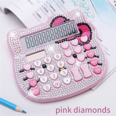 Cat Head Crystal Diamond Solar Calculator – Cartoon Inlaid Button, Battery Powered