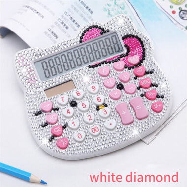 Cat Head Crystal Diamond Solar Calculator – Cartoon Inlaid Button, Battery Powered