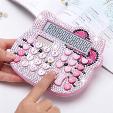 Cat Head Crystal Diamond Solar Calculator – Cartoon Inlaid Button, Battery Powered