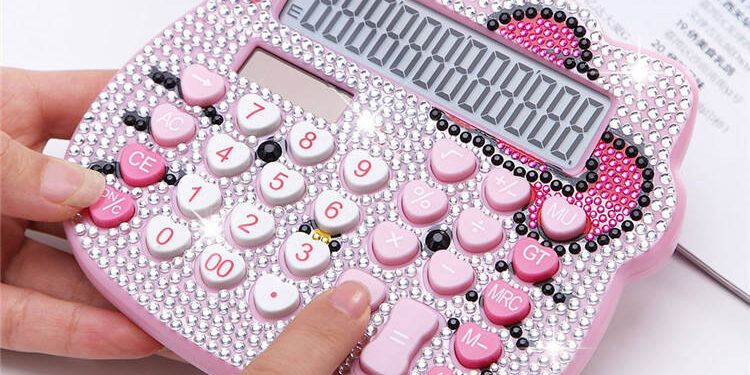 Cat Head Crystal Diamond Solar Calculator – Cartoon Inlaid Button, Battery Powered