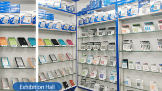 Calculator sample room displaying various custom and OEM calculator models